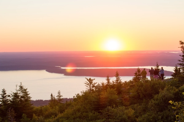 Valley views of trees and water from the summit of Cadillac Mountain in Maine