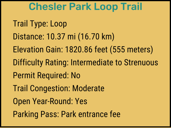 A saffron, black and dark cyan colored list of information about the Chelser Park Loop Trail