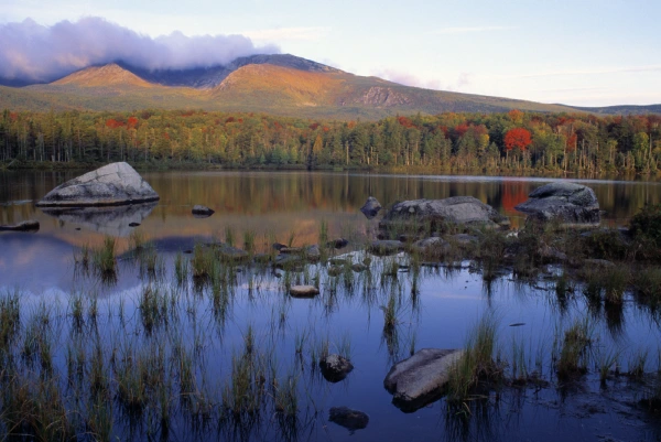 view of chimney pond with mount Katahdin in background inside Baxter State Park