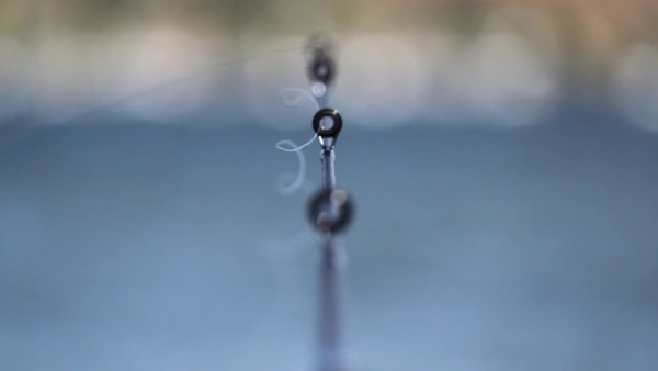 Closeup photo showing fishing line inside reel guides with blurred background