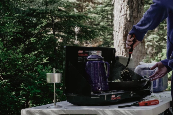  image of person cooking eggs and a purple kettle on camp stove with forest background