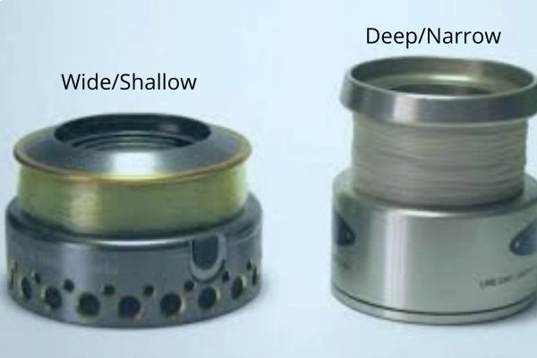 closeup image two spin fishing reel spools one wide and shallow, other is deep narrow