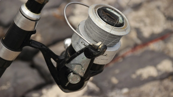 Isolated closeup photo of a silver colored spinning reel attached to fishing rod