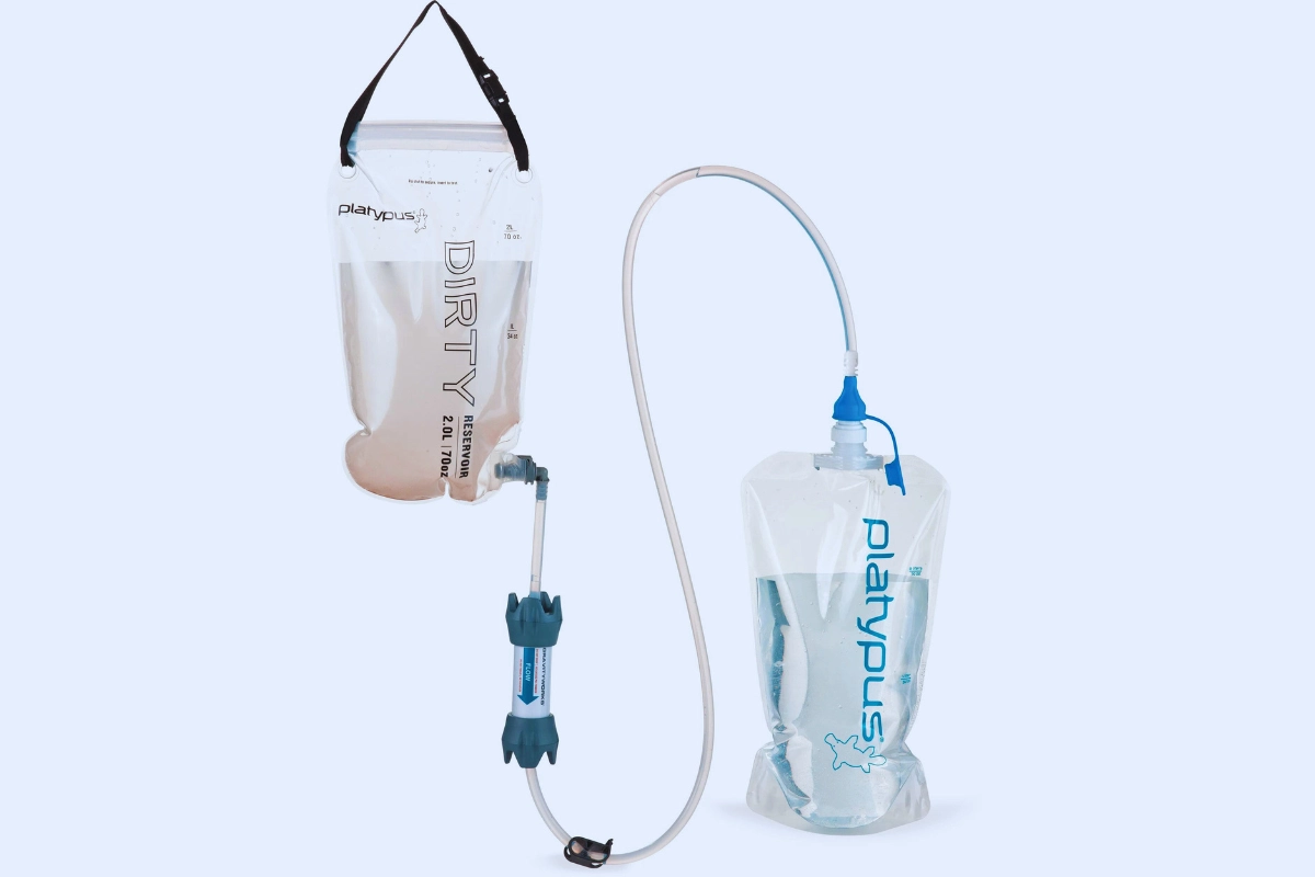 selective photo of a Platypus gravity water filter with a light blue background