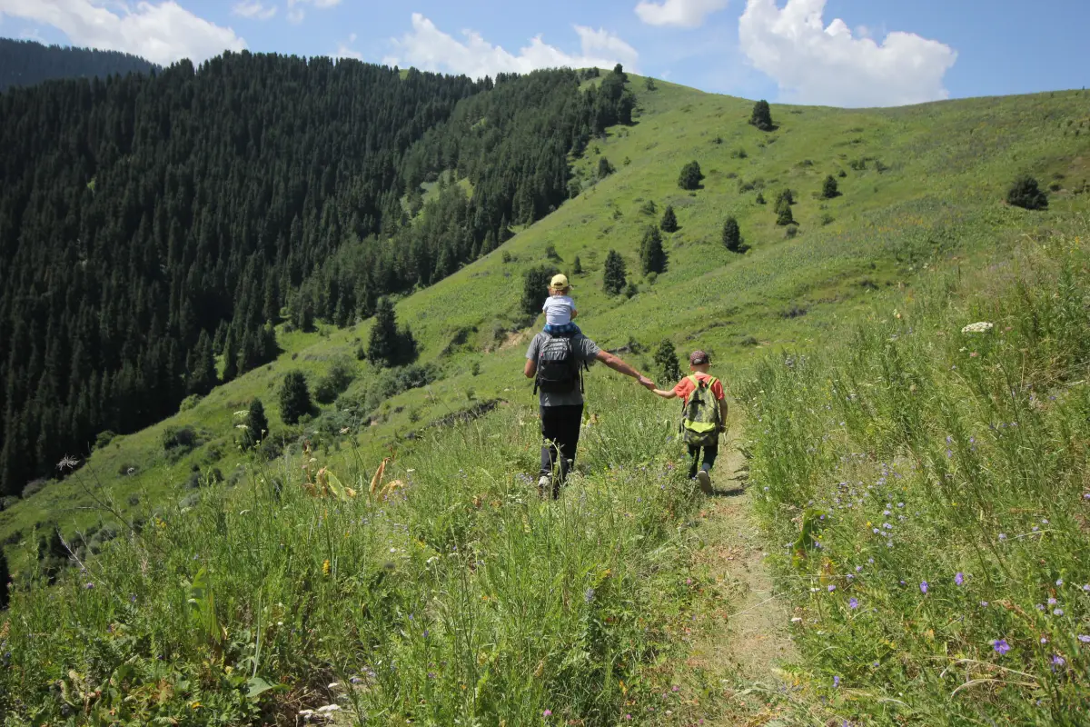 father and two young sons hiking on grassy hill on a sunny day